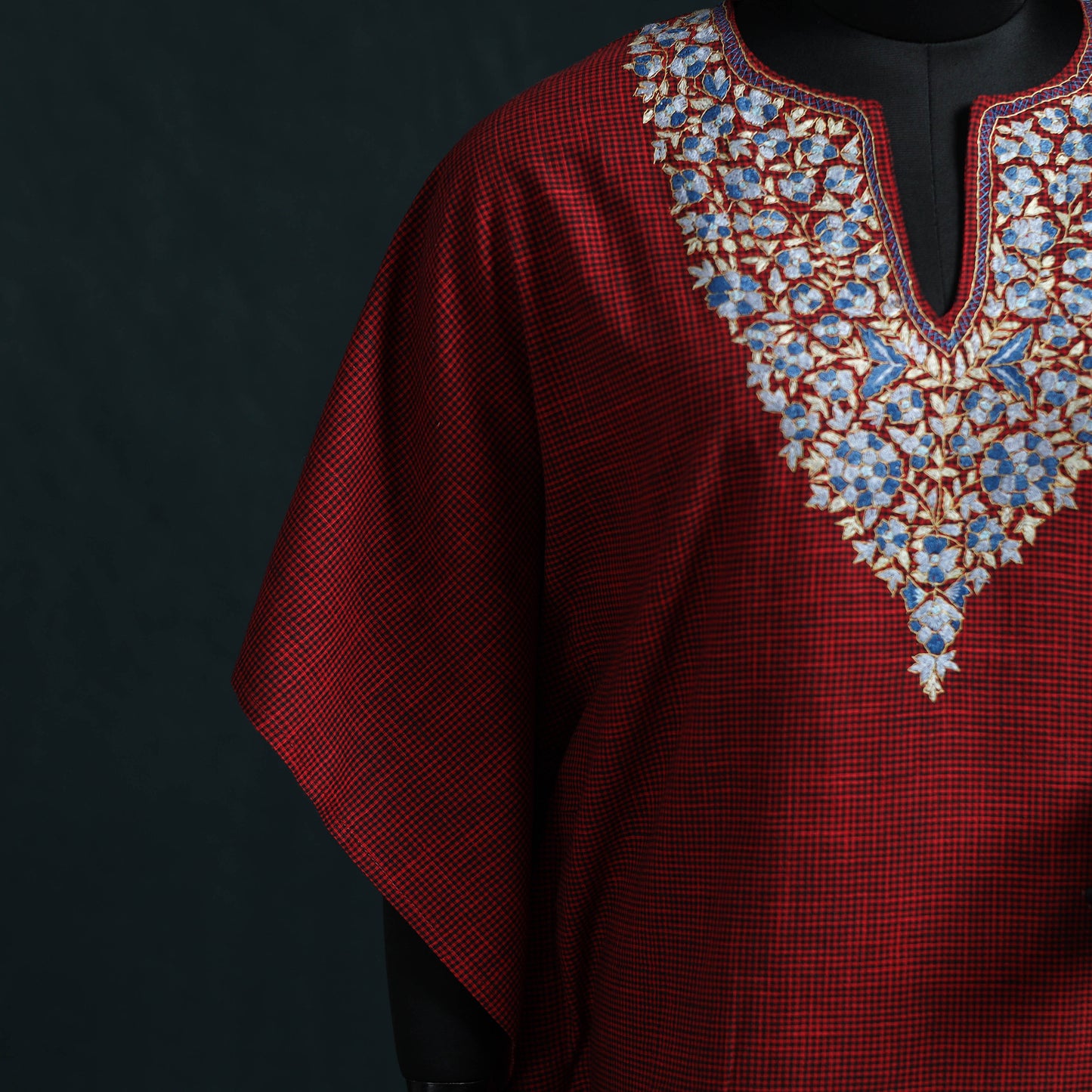 Maroon - Kashmiri Kashida Hand Embroidered Cotton Kaftan (Medium) 19