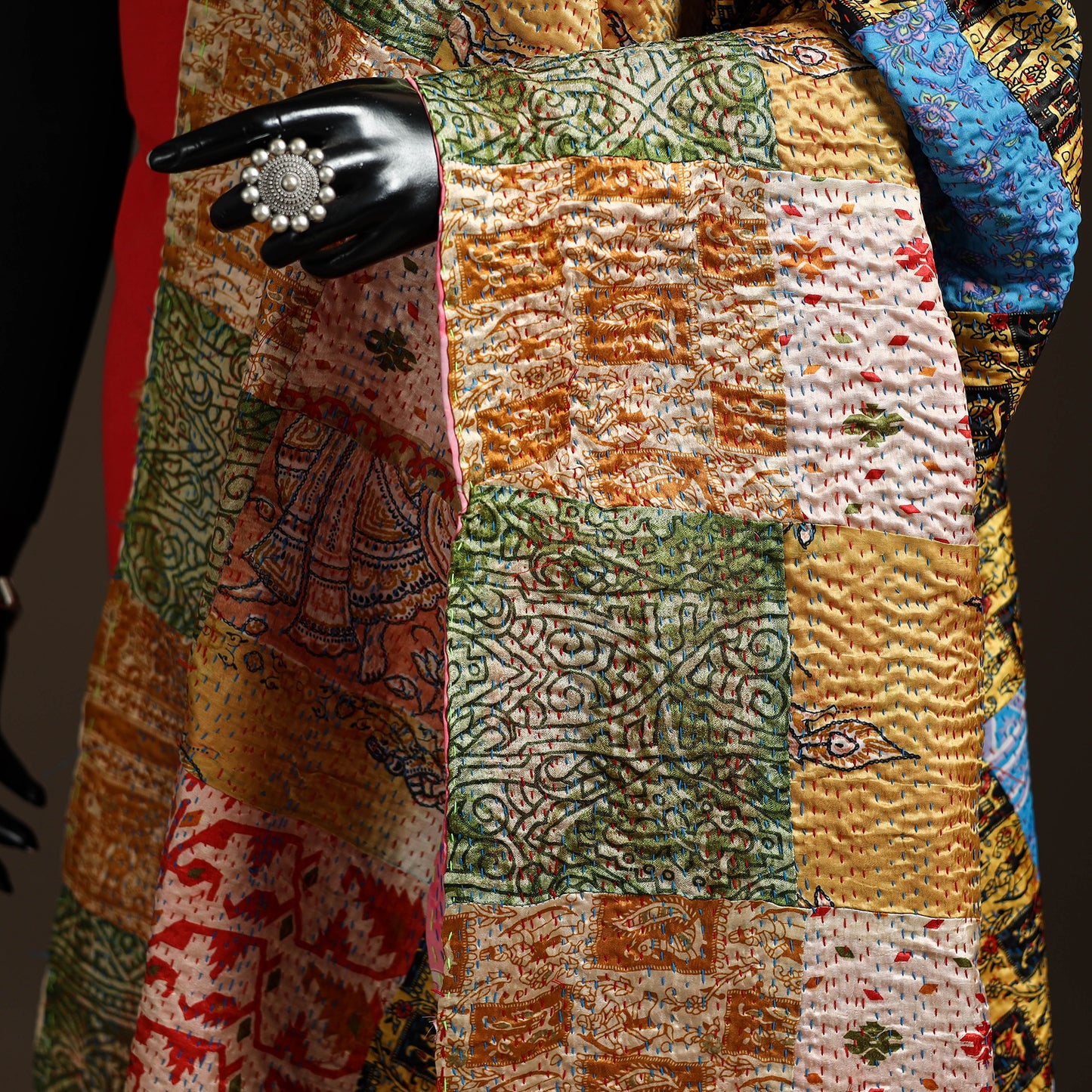 Multicolor - Bengal Hand Embroidery Patchwork Reversible Silk Kantha Dupatta 69