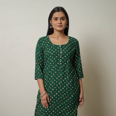 Green - Tie & dye Cotton Straight Bandhani Kurta 01