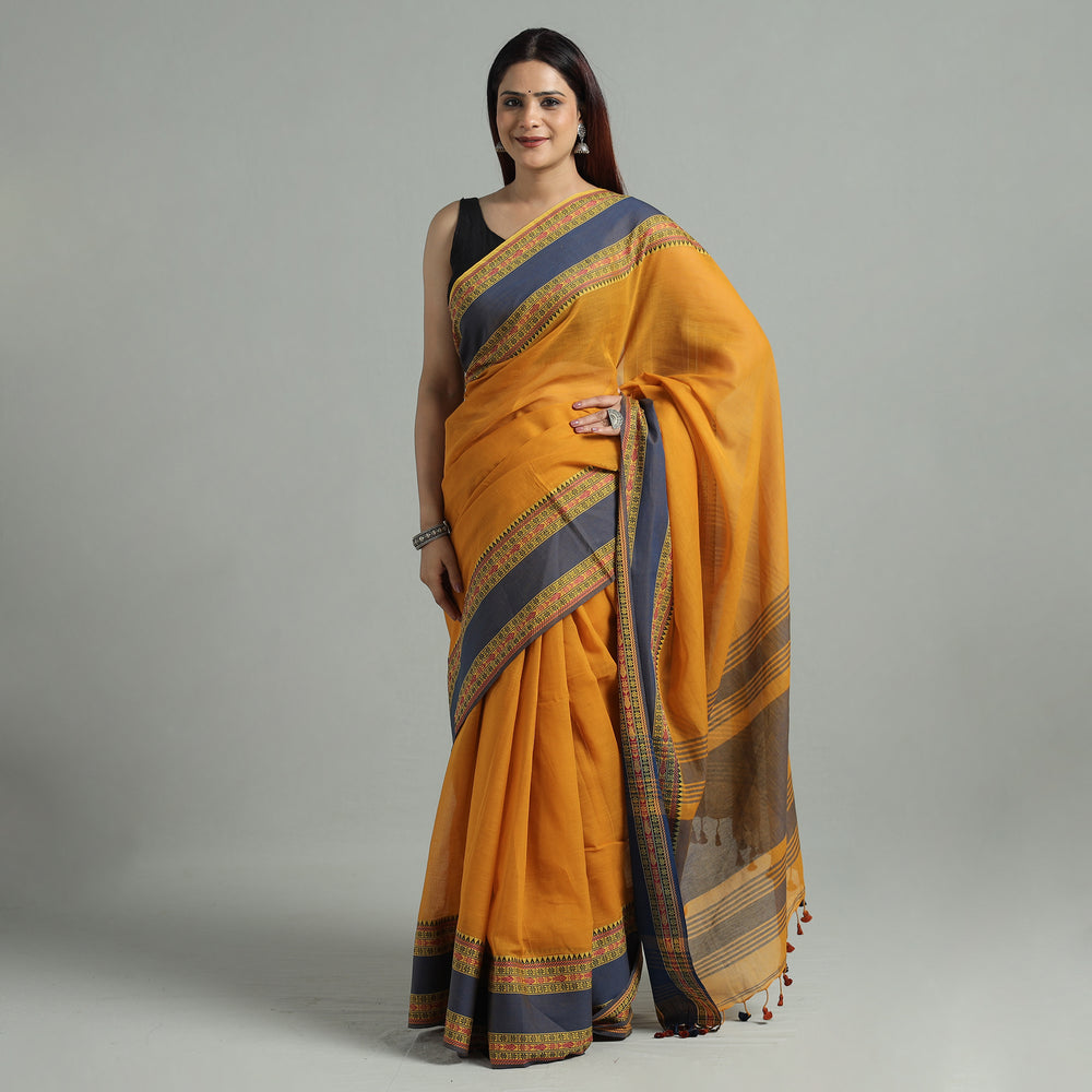 Orange - Bengal Woven Border Handloom Pure Cotton Saree 55