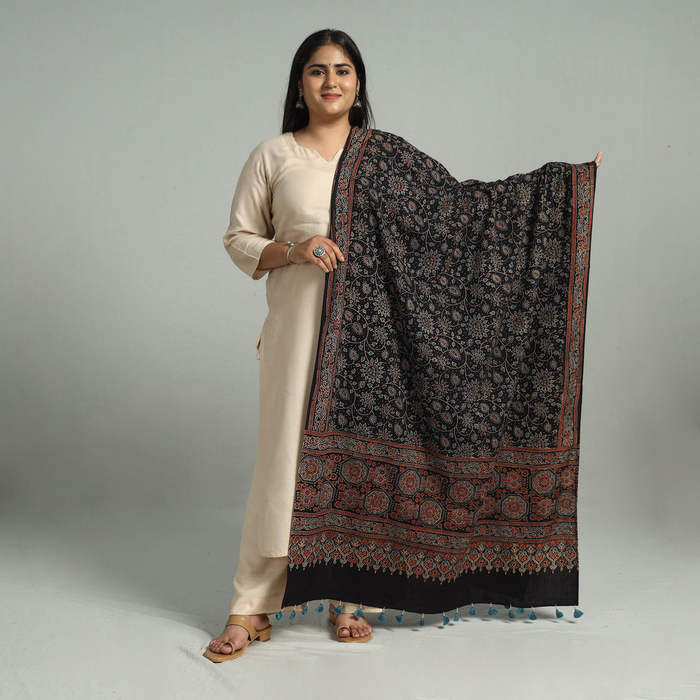 Black - Block Printed Cotton Ajrakh Dupatta with Tassels 07