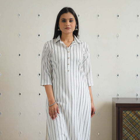 White - Cotton Straight Jacquard Kurta 11