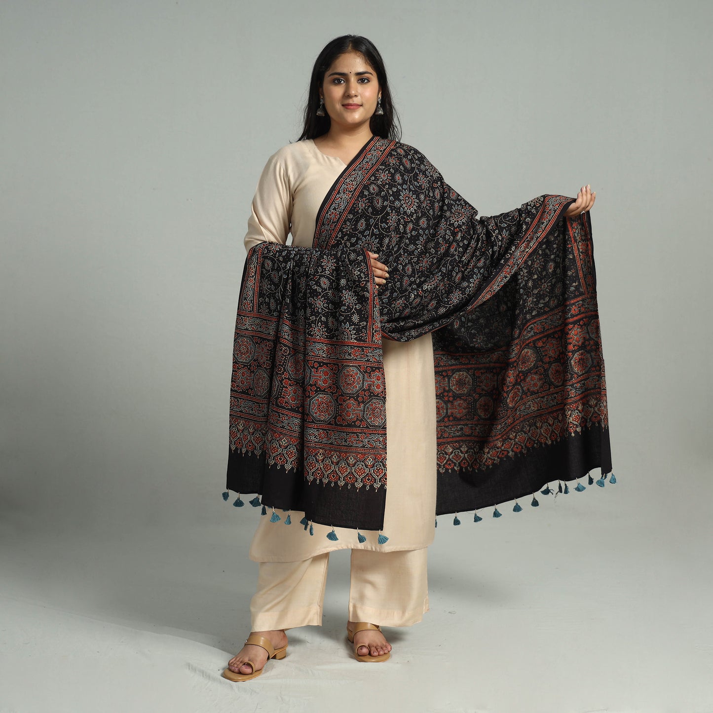 Black - Block Printed Cotton Ajrakh Dupatta with Tassels 07