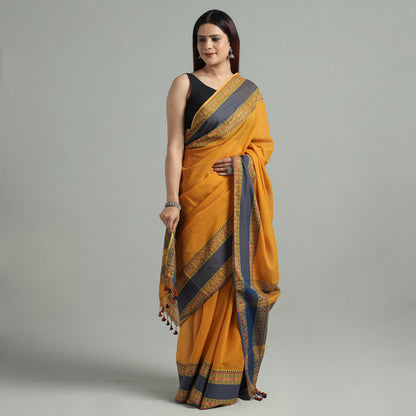 Orange - Bengal Woven Border Handloom Pure Cotton Saree 55