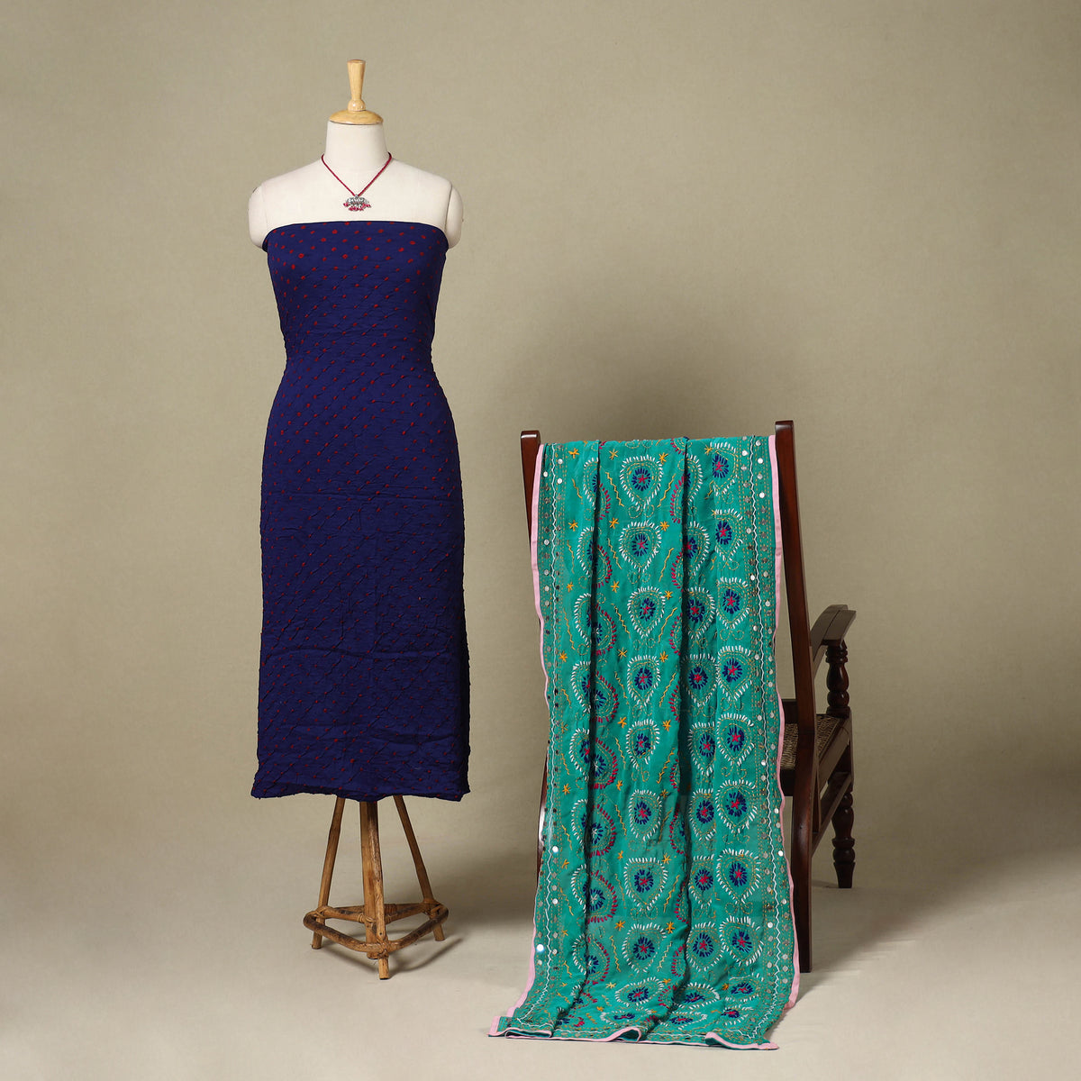 Blue 2pc Unstitched Bandhani Dress Material with Jewellery Set