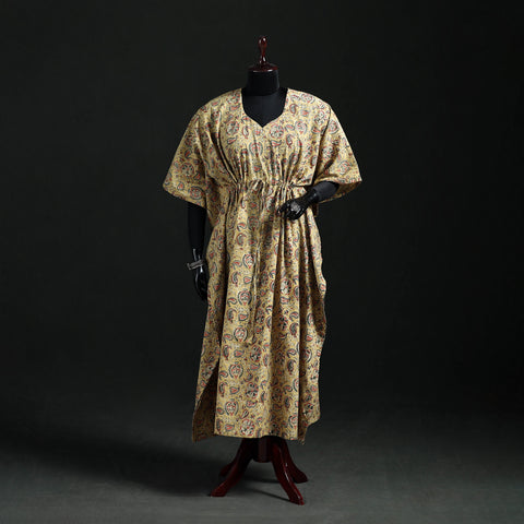 Beige - Kalamkari Hand Block Print Natural Dyed Cotton Kaftan (Long) 06