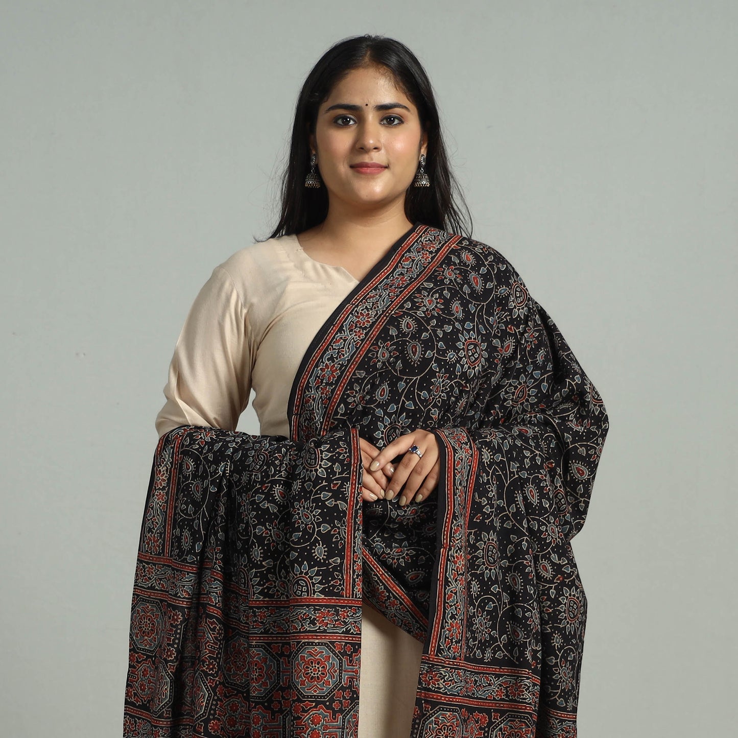 Black - Block Printed Cotton Ajrakh Dupatta with Tassels 07