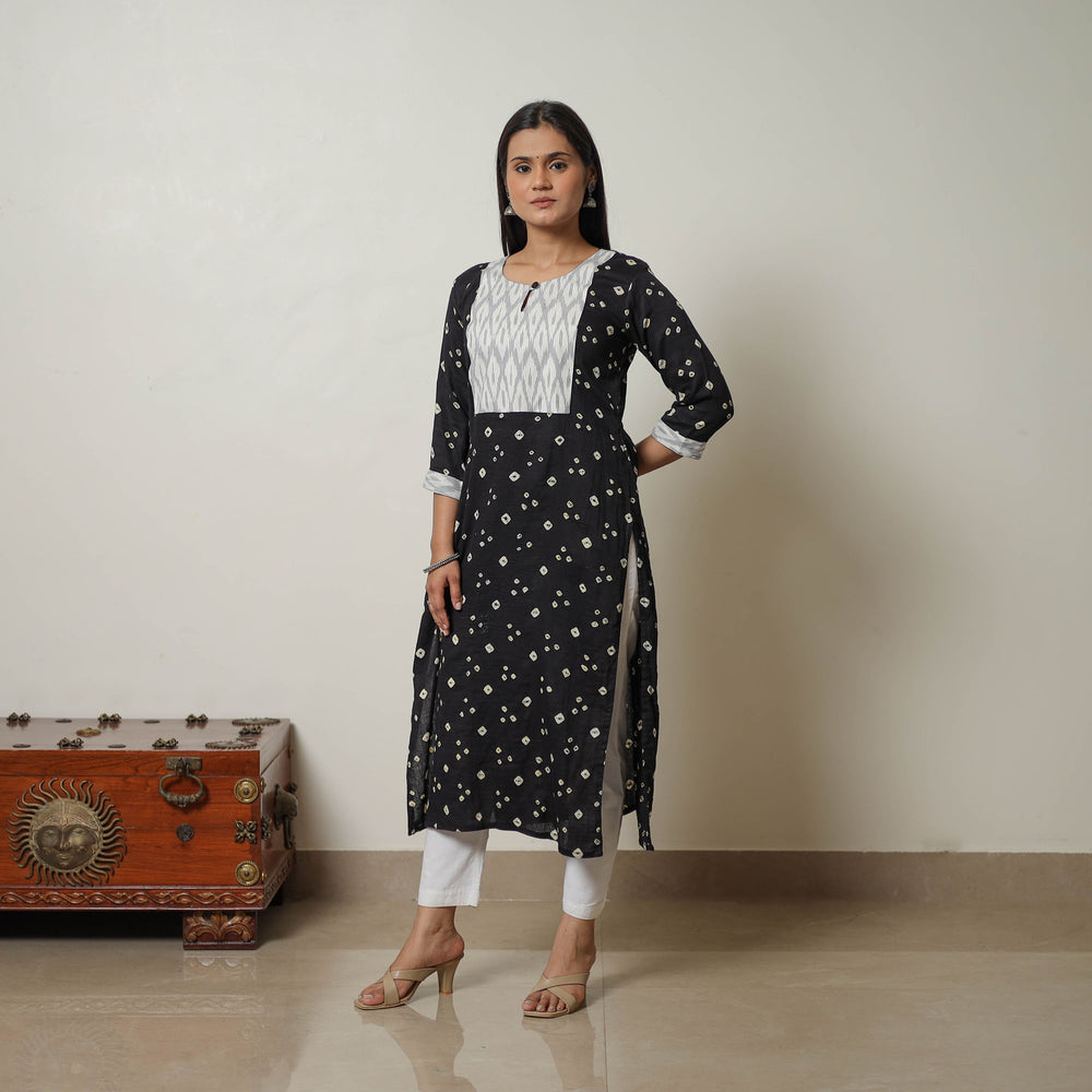 Dark Grey - Tie & dye Cotton Straight Bandhani Kurta 03