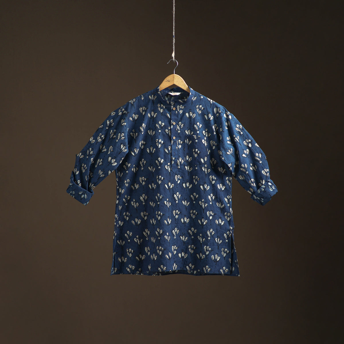 Indigo Bagru Block Print Natural Dyed Cotton Short Men Kurta 08