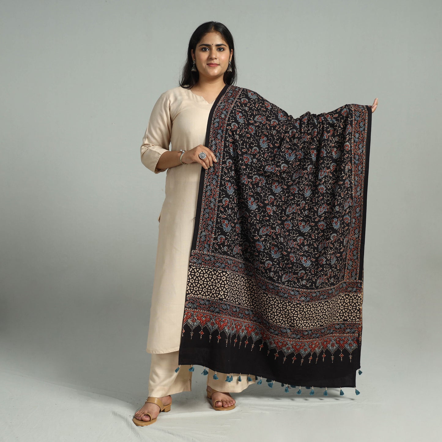 Black - Block Printed Cotton Ajrakh Dupatta with Tassels 08