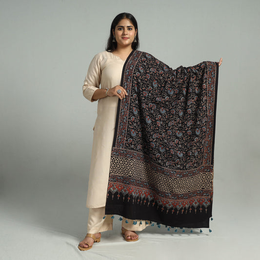 Black - Block Printed Cotton Ajrakh Dupatta with Tassels 08