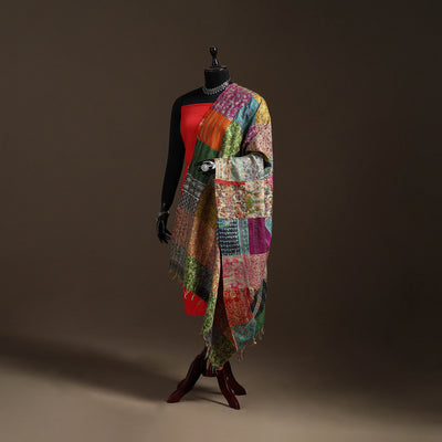 Bengal Hand Embroidery Patchwork Reversible Silk Kantha Dupatta 70