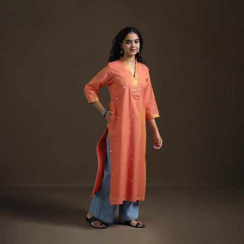 Orange - Mangalagiri Pure Handwoven Cotton Mirror Work Straight Kurta for women 13