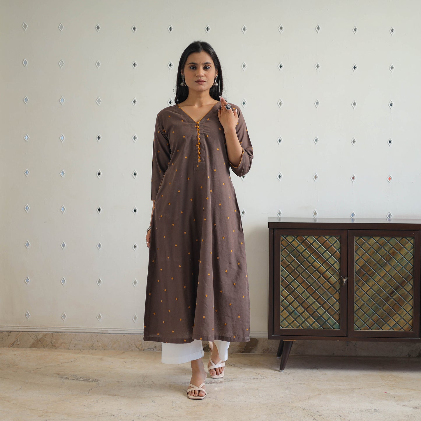 Brown - Pure Cotton A-Line Jacquard Kurta 07