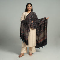 Black - Block Printed Cotton Ajrakh Dupatta with Tassels 08