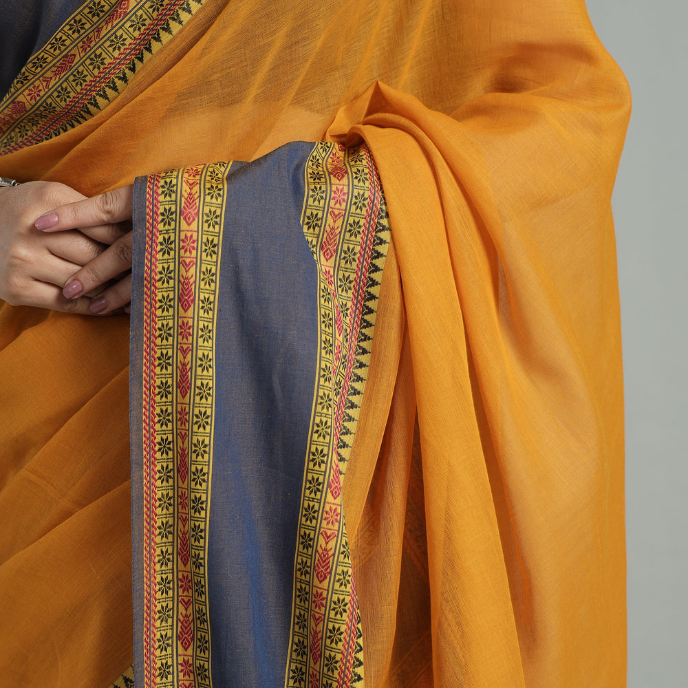 Orange - Bengal Woven Border Handloom Pure Cotton Saree 55