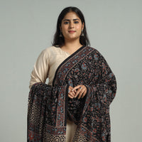 Black - Block Printed Cotton Ajrakh Dupatta with Tassels 08