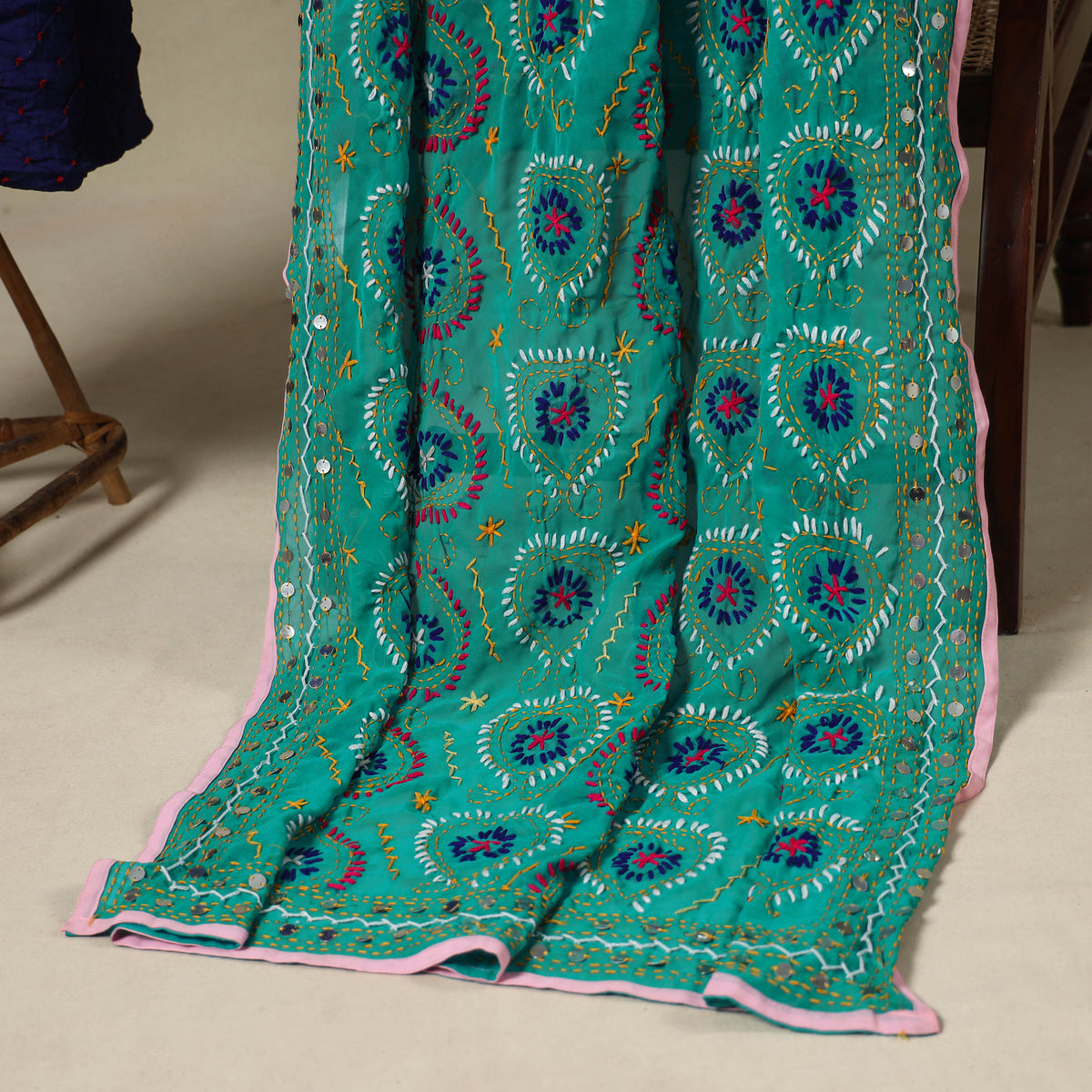 Blue 2pc Unstitched Bandhani Dress Material with Jewellery Set