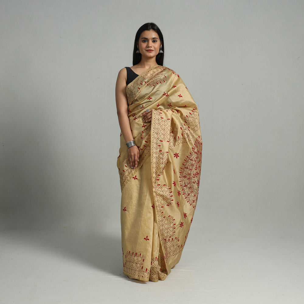 Beige - Handcrafted Bengal Nakshi Kantha Work Silk Saree 46