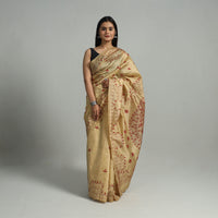 Beige - Handcrafted Bengal Nakshi Kantha Work Silk Saree 46