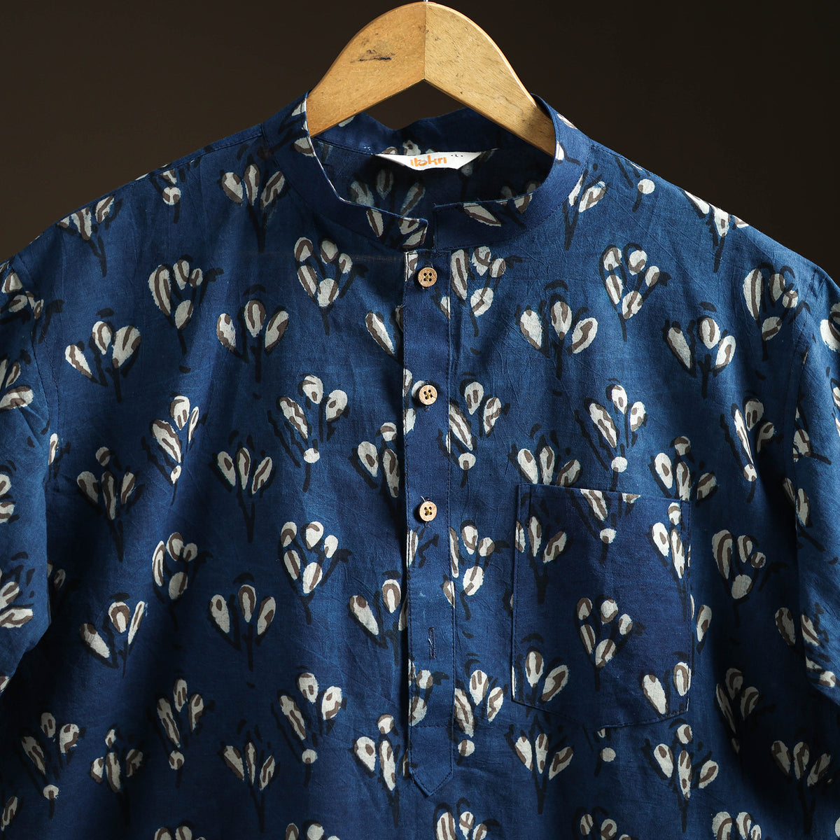 Indigo Bagru Block Print Natural Dyed Cotton Short Men Kurta 08
