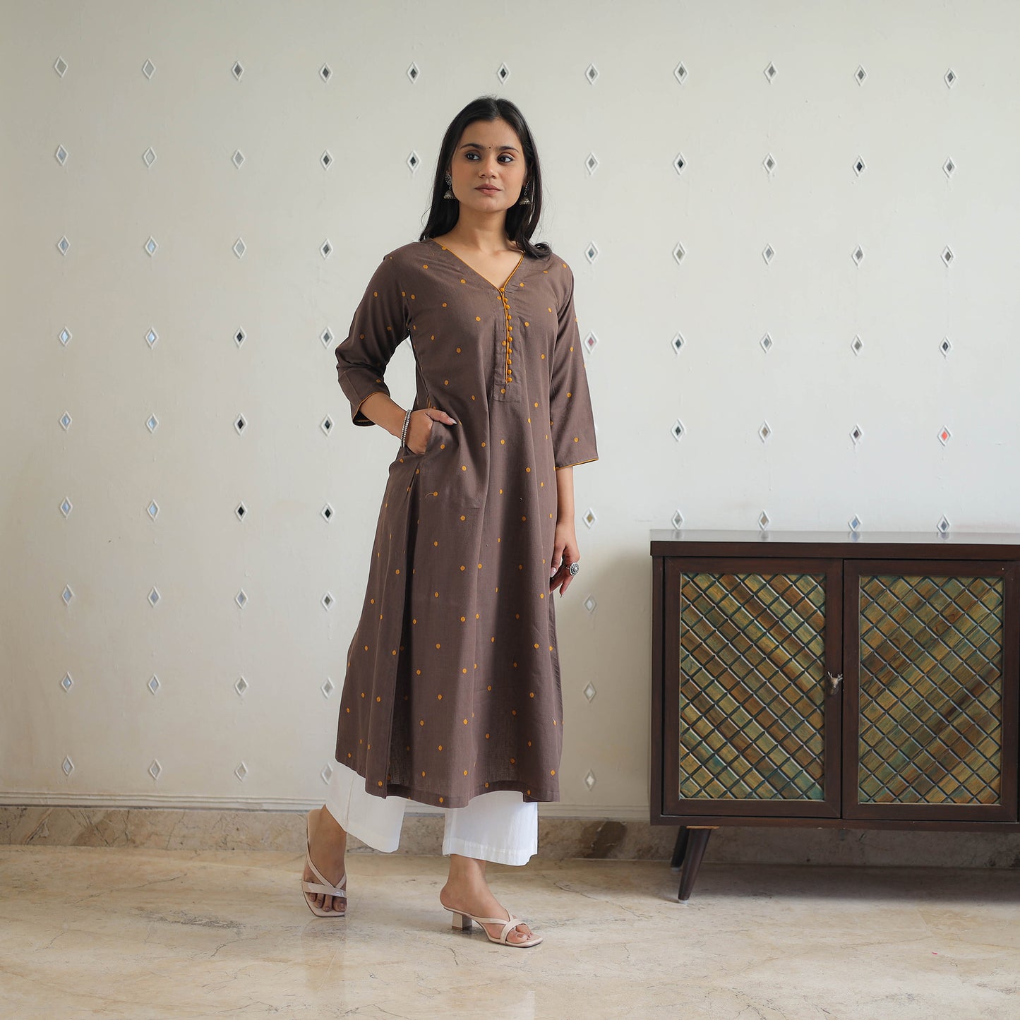 Brown - Pure Cotton A-Line Jacquard Kurta 07