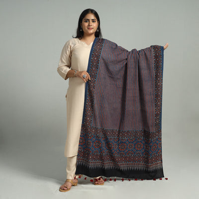 Multicolor - Block Printed Cotton Ajrakh Dupatta with Tassels 09