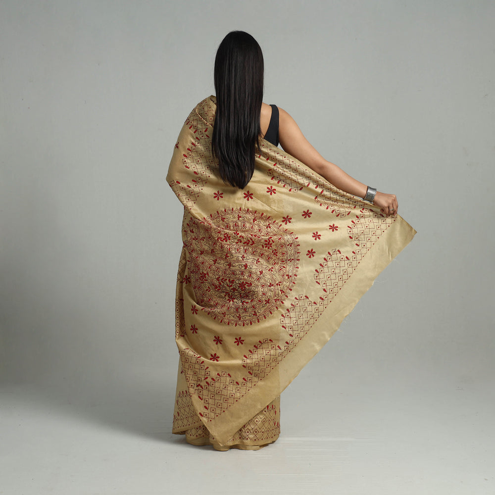 Beige - Handcrafted Bengal Nakshi Kantha Work Silk Saree 46