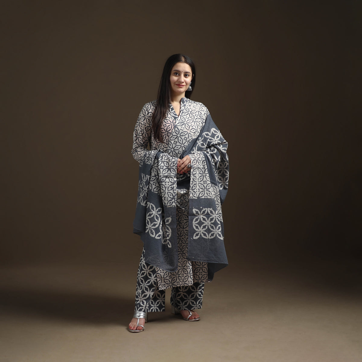 Hand Batik Print Cotton Suit Set with Dupatta for Women 16