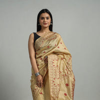 Beige - Handcrafted Bengal Nakshi Kantha Work Silk Saree 46