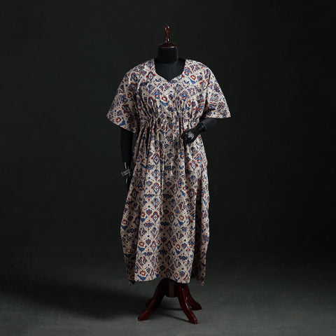 Beige - Kalamkari Hand Block Print Natural Dyed Cotton Kaftan (Long) 07