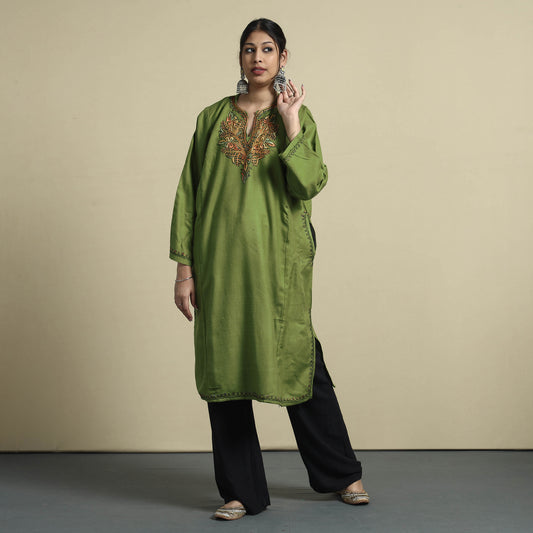 Green - Sozni Embroidery Kashmiri Cashmilon Wool Pheran
