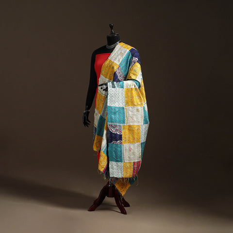 Bengal Hand Embroidery Patchwork Reversible Silk Kantha Dupatta 71