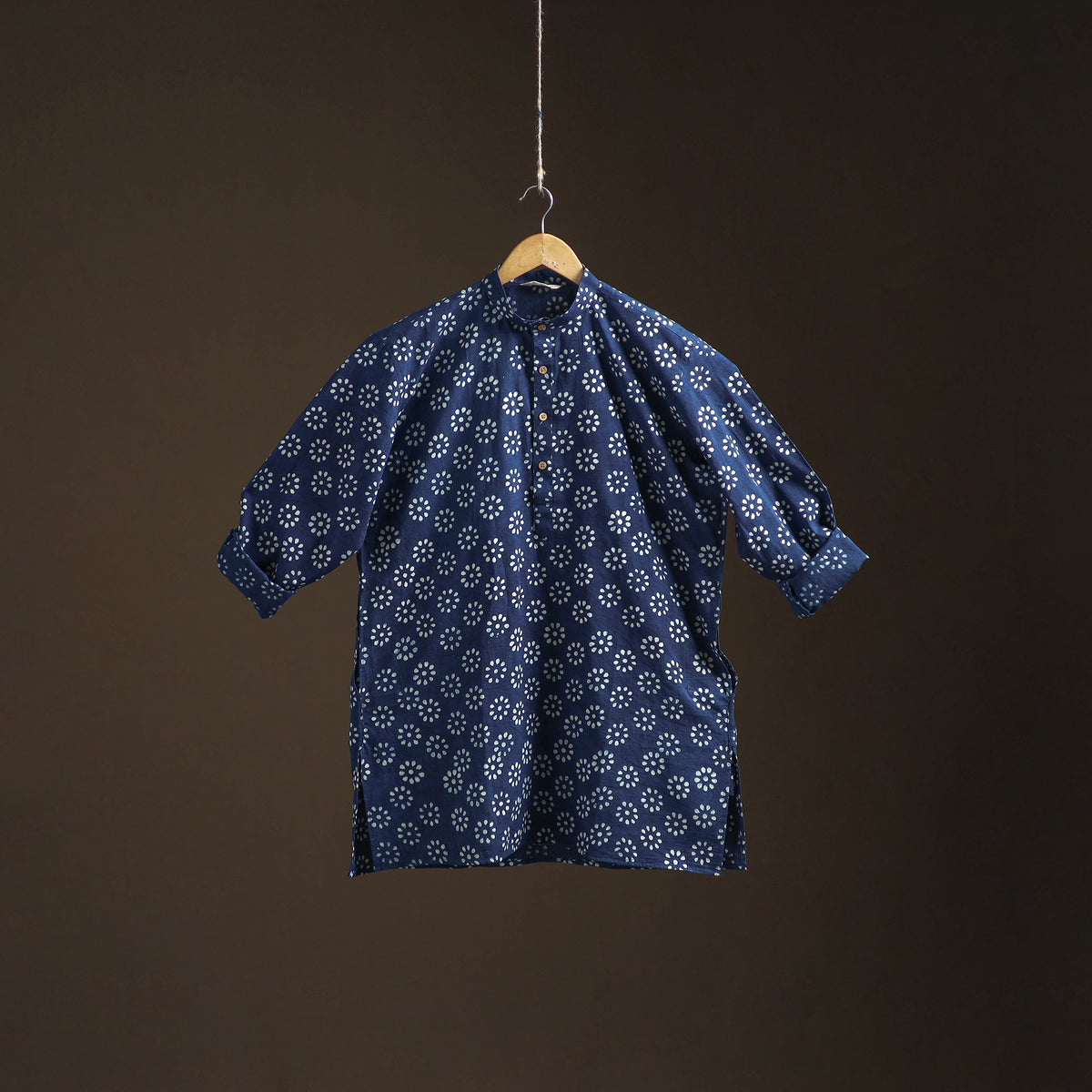 Indigo Bagru Block Print Natural Dyed Cotton Short Men Kurta 06