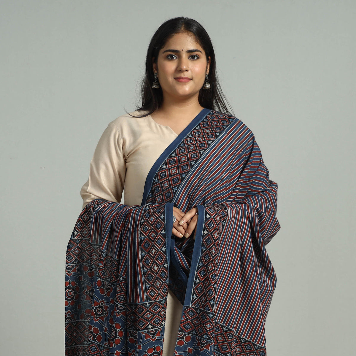 Multicolor - Block Printed Cotton Ajrakh Dupatta with Tassels 09