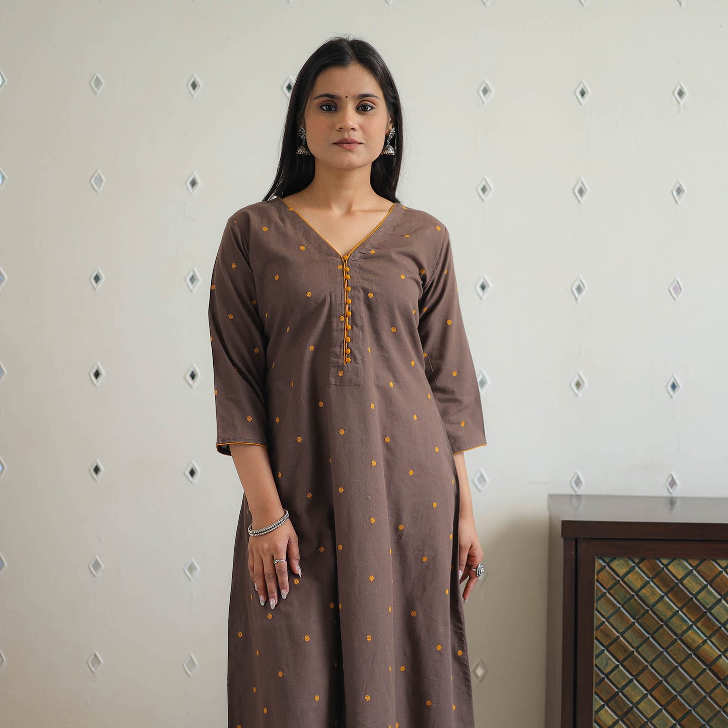 Brown - Pure Cotton A-Line Jacquard Kurta 07