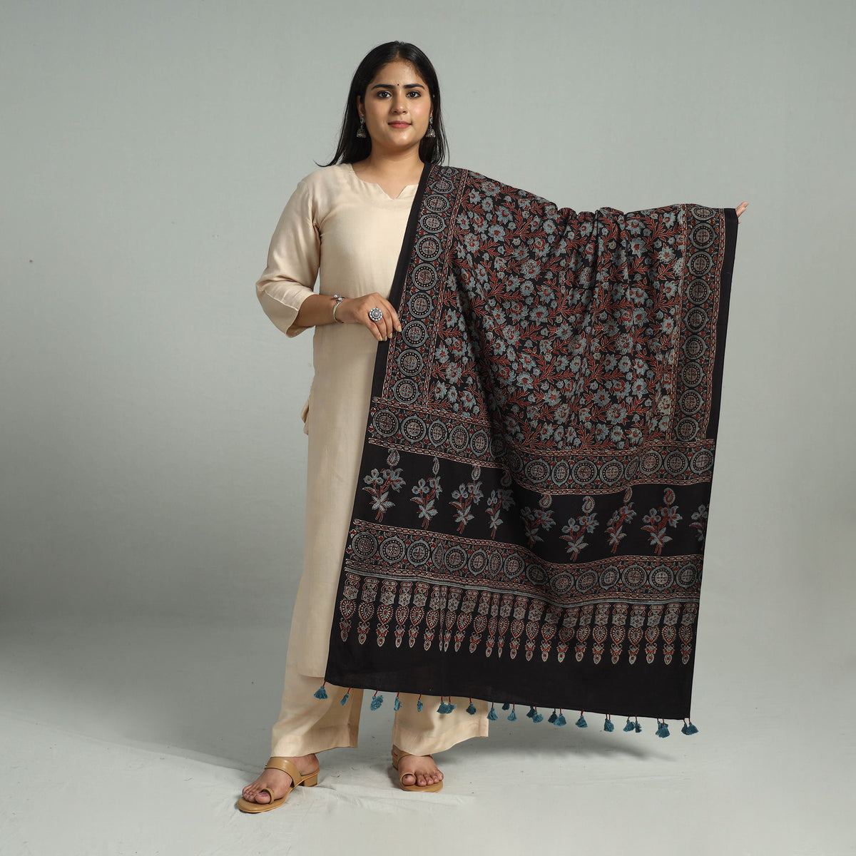 Black - Block Printed Cotton Ajrakh Dupatta with Tassels 10