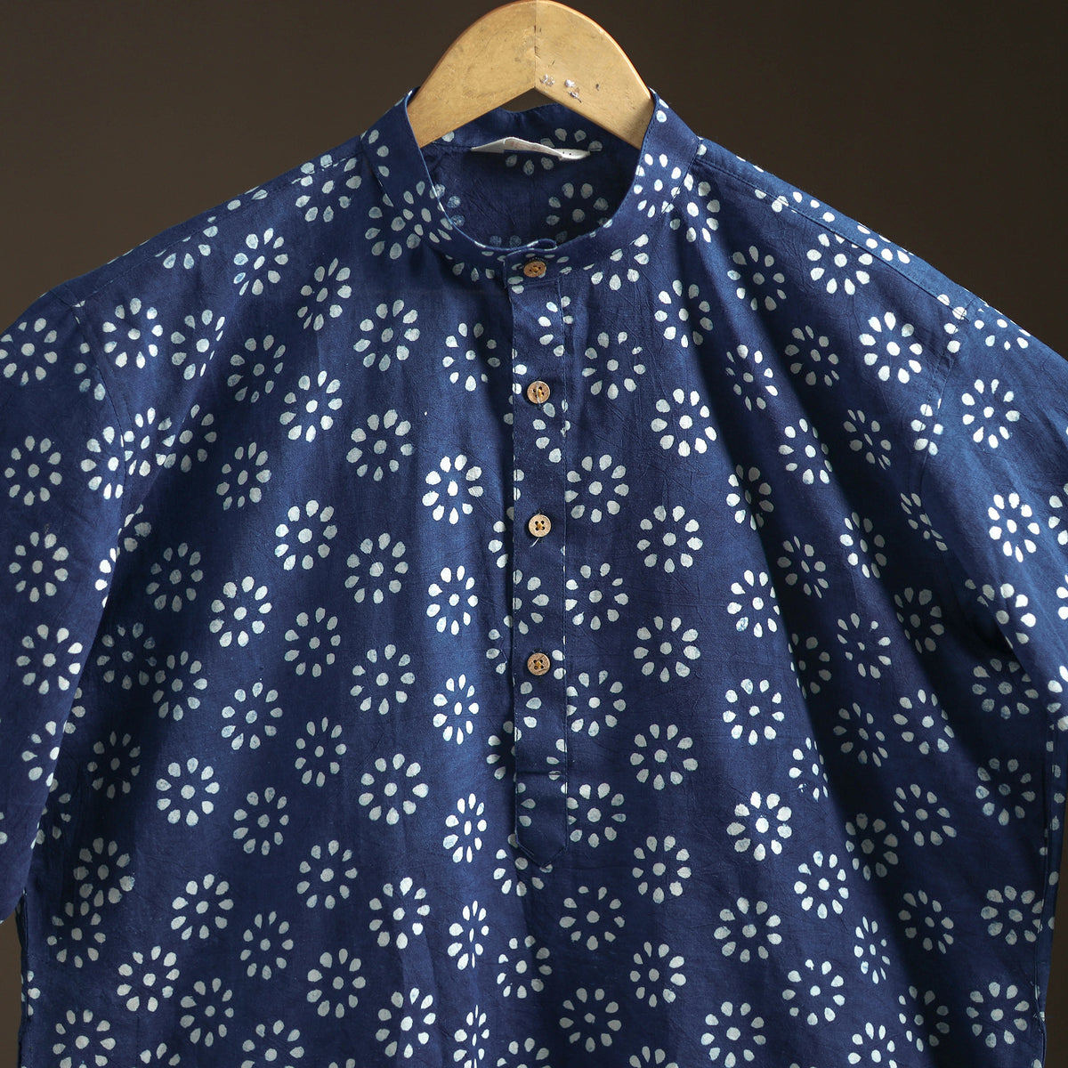 Indigo Bagru Block Print Natural Dyed Cotton Short Men Kurta 06