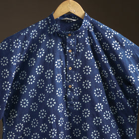 Indigo Bagru Block Print Natural Dyed Cotton Short Men Kurta 06