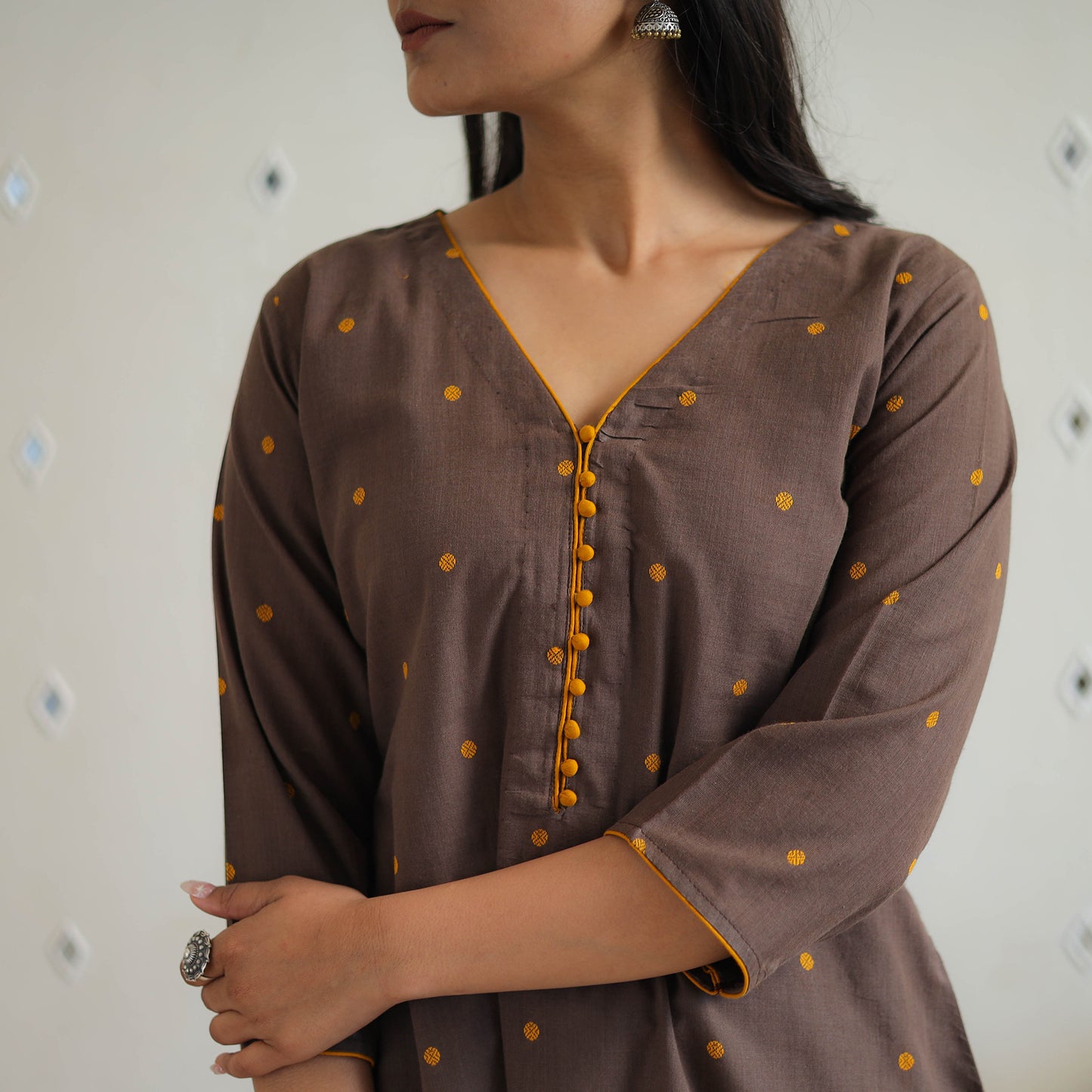 Brown - Pure Cotton A-Line Jacquard Kurta 07