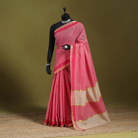 Pink - handloom cotton zari border mangalagiri saree 27