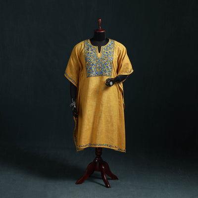 Yellow - Kashmiri Kashida Hand Embroidered Cotton Kaftan (Medium) 21
