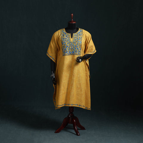 Yellow - Kashmiri Kashida Hand Embroidered Cotton Kaftan (Medium) 21
