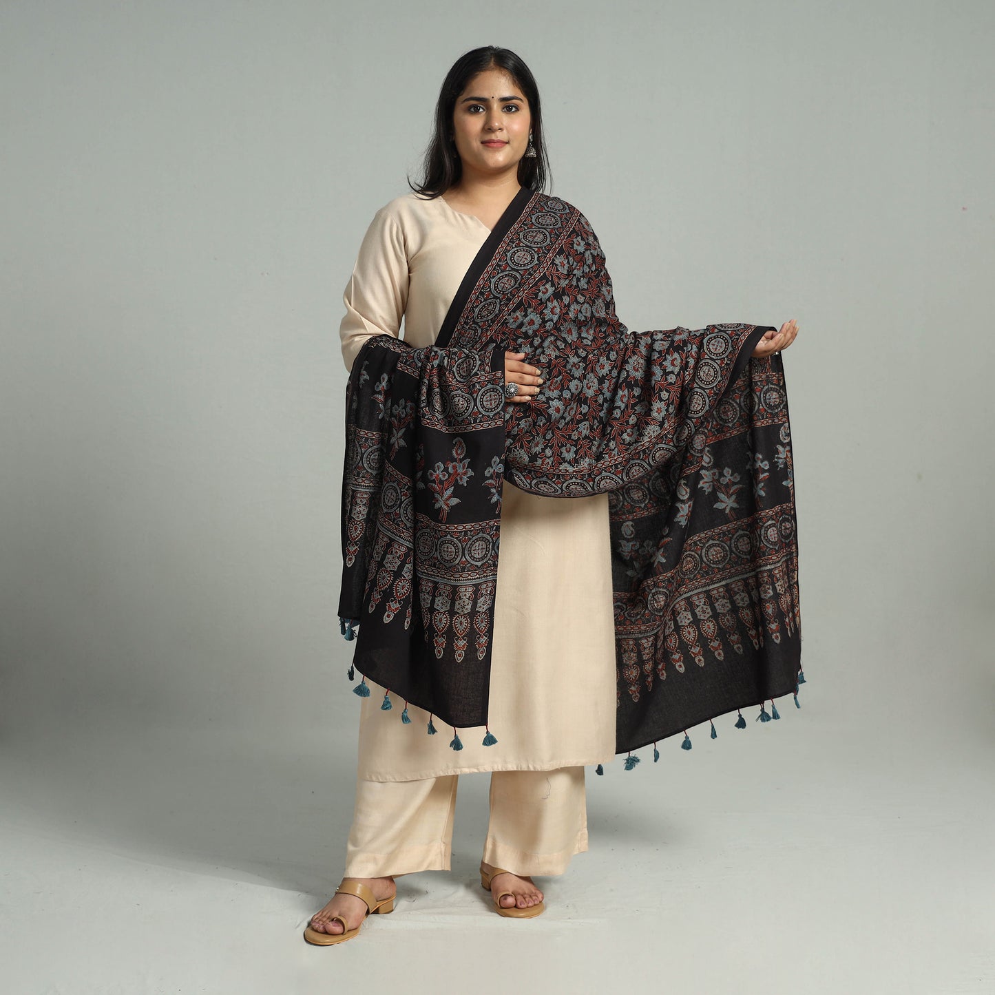 Black - Block Printed Cotton Ajrakh Dupatta with Tassels 10