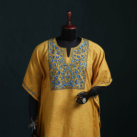 Yellow - Kashmiri Kashida Hand Embroidered Cotton Kaftan (Medium) 21