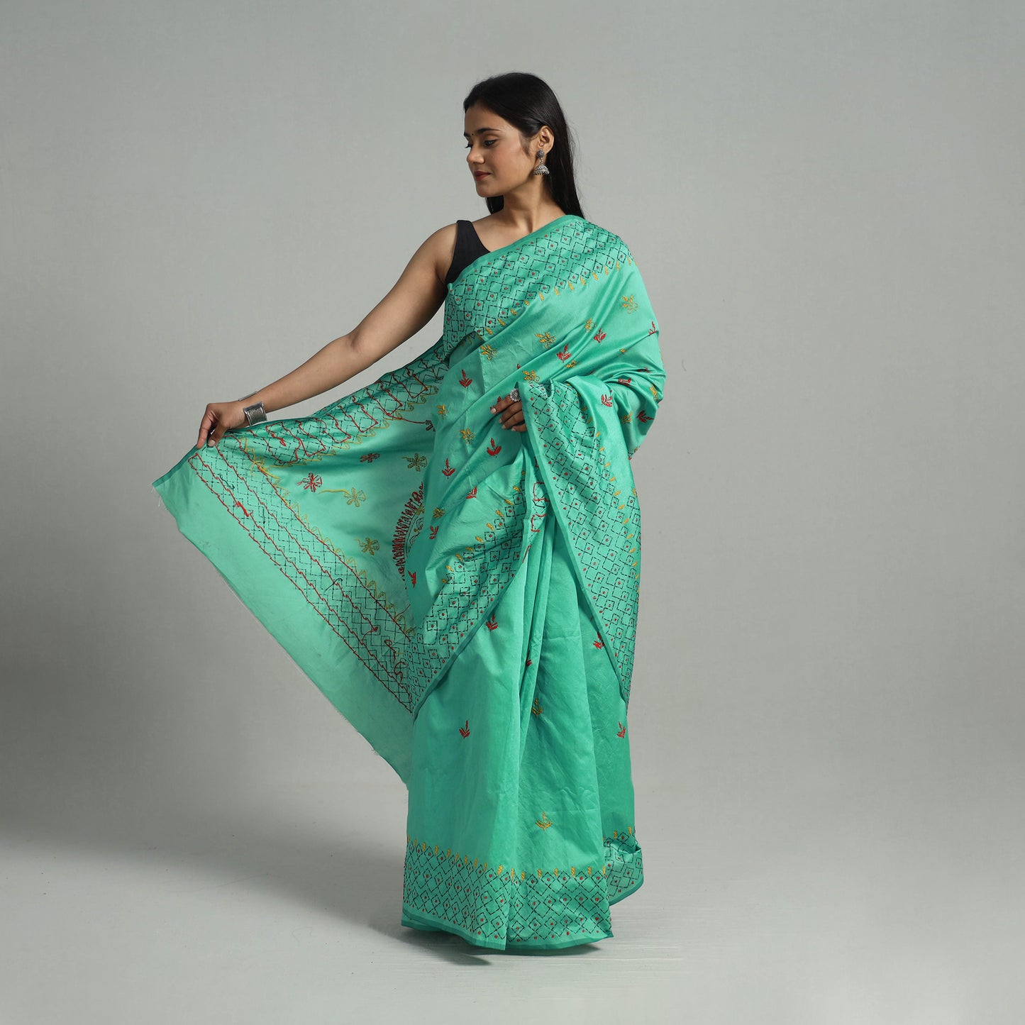 Green - Handcrafted Bengal Nakshi Kantha Work Silk Saree 47