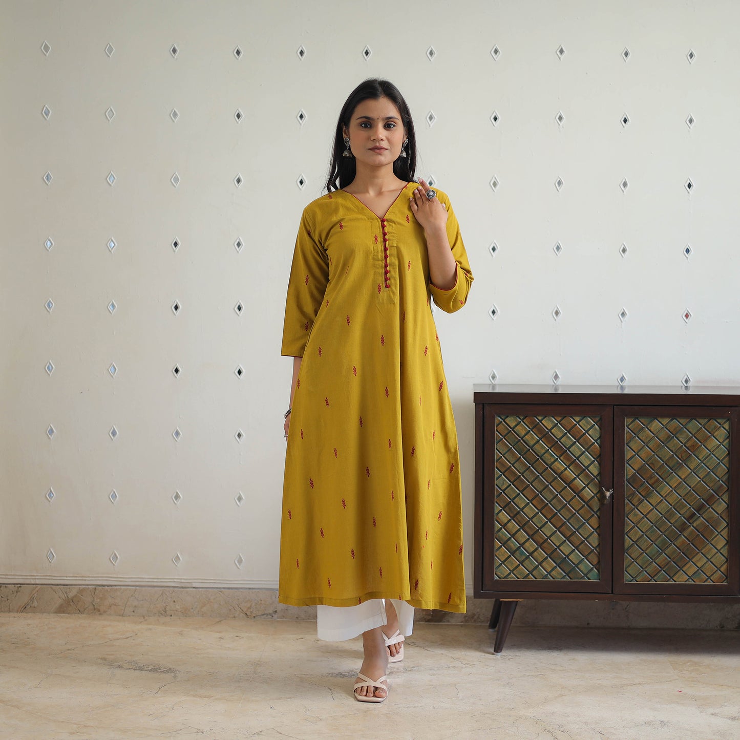 Yellow - Pure Cotton A-Line Jacquard Kurta 08