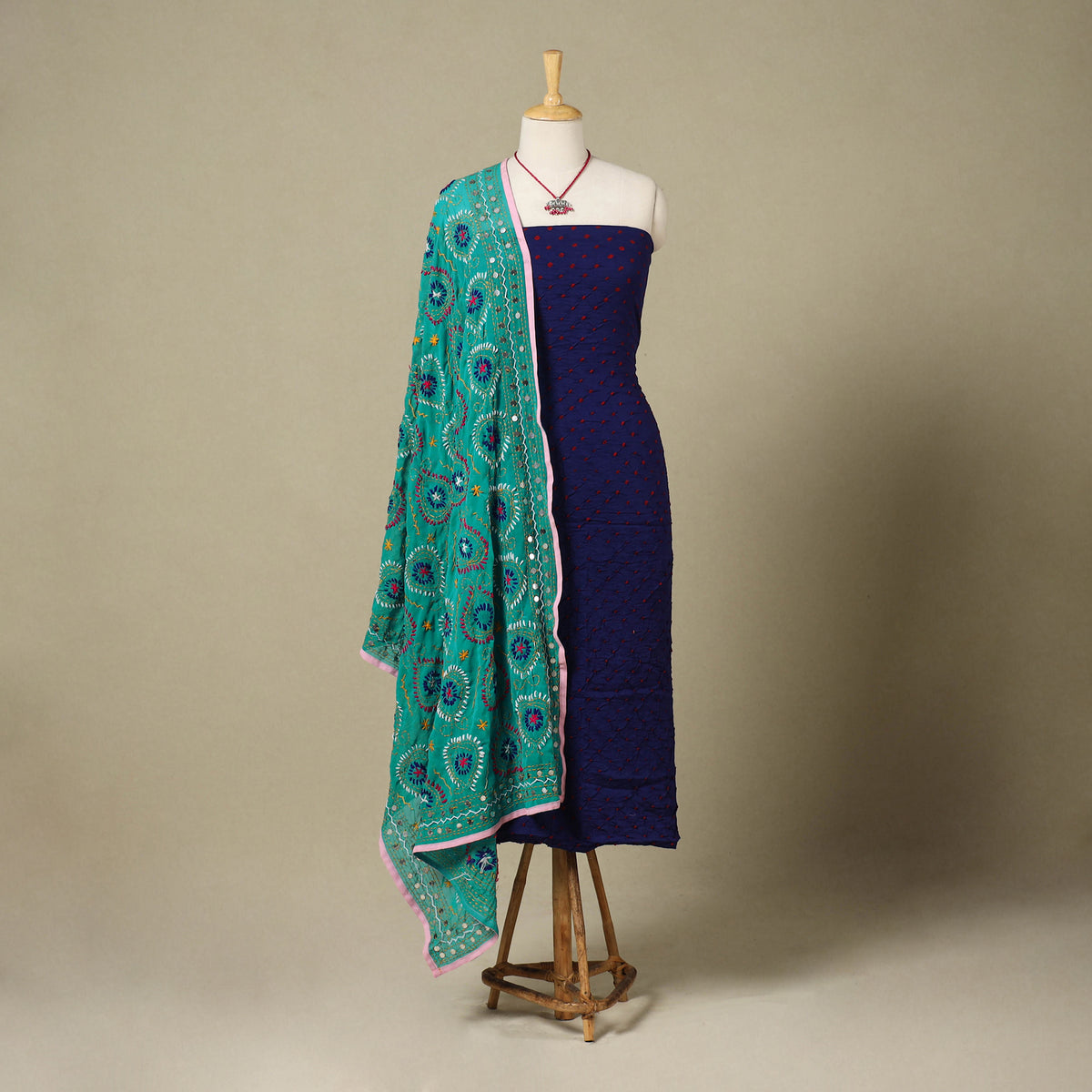 Blue 2pc Unstitched Bandhani Dress Material with Jewellery Set
