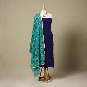 Blue 2pc Unstitched Bandhani Dress Material with Jewellery Set