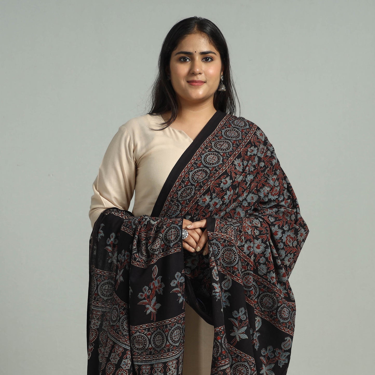 Black - Block Printed Cotton Ajrakh Dupatta with Tassels 10